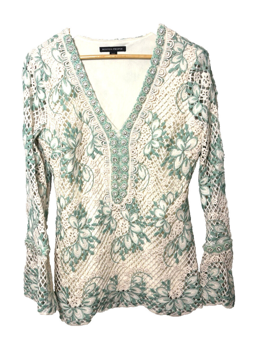 Boston Proper Mint Green Floral Lace Long Sleeve Scoop Neck Top Size S